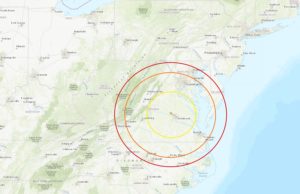The epicenter of the earthquake in Virginia is located at the star in this map surrounded by concentric circles. Image: USGS