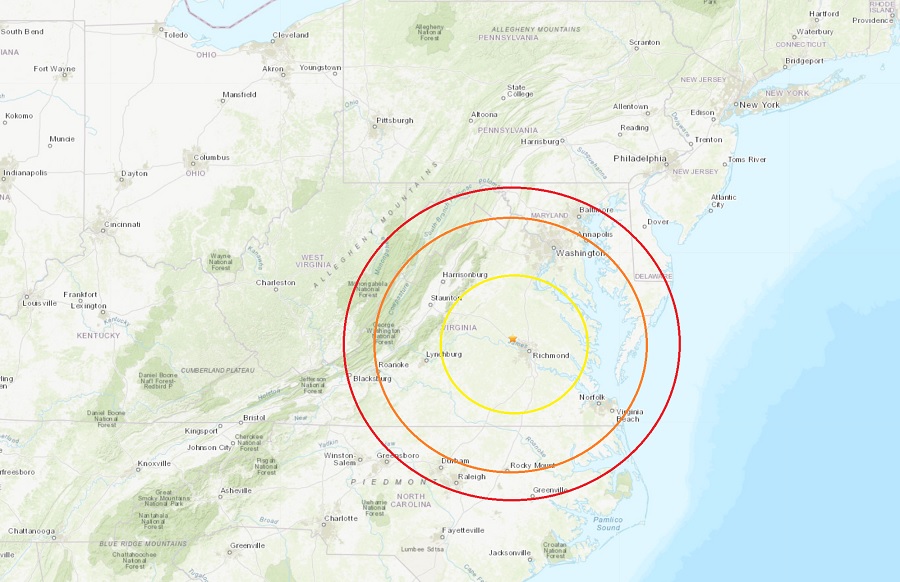 The epicenter of the earthquake in Virginia is located at the star in this map surrounded by concentric circles. Image: USGS