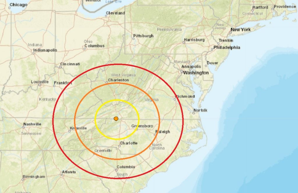 Today's earthquake struck near the Virginia/North Carolina border; the epicenter is located at the orange dot inside the concentric colored circles. Image: USGS