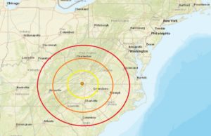 Today's earthquake struck near the Virginia/North Carolina border; the epicenter is located at the orange dot inside the concentric colored circles. Image: USGS