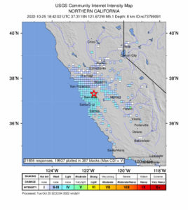 Shaking was felt over a wide area from today's primary earthquake near San Jose.  Image: USGS