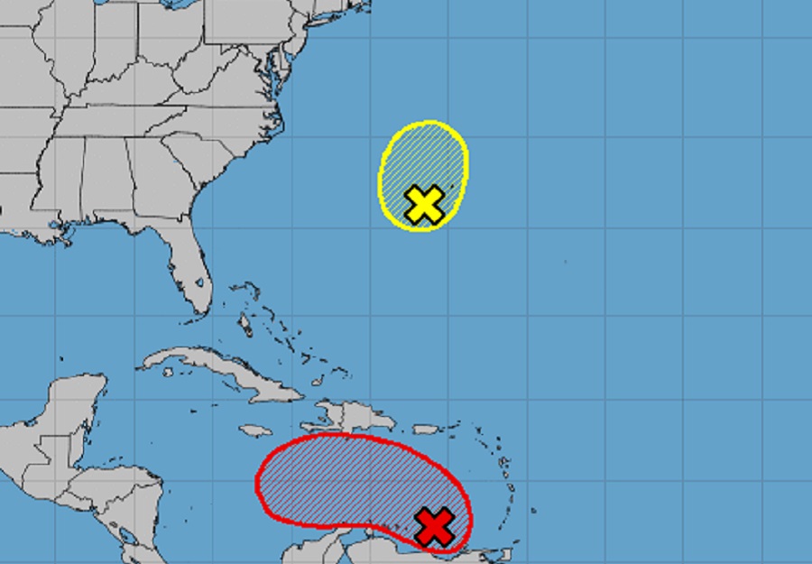 Of the two systems the National Hurricane Center is tracking, the red area shows more promise than the yellow area for development over the next few days.  Image: NHC