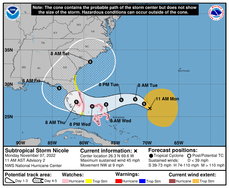 Latest storm track and watches for Nicole from the National Hurricane Center. Image: NHC