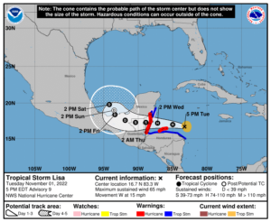 Latest forecast track for Lisa from the National Hurricane Center. Image: NHC