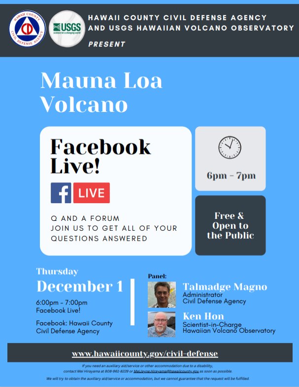 A FacebookLive is scheduled for December 1 for people in Hawaii to learn more about what's what with the Mauna Loa volcano. Image; Hawaii County Civil Defense
