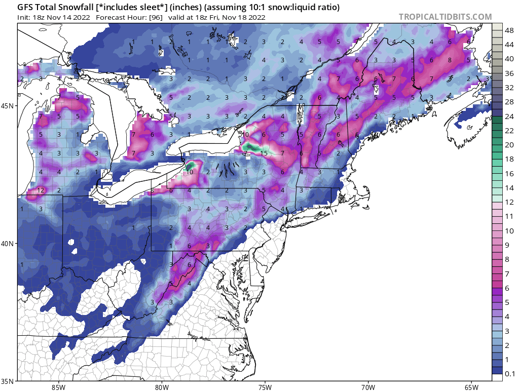 The American GFS forecast model is suggesting that snow, in some cases significant amounts, is likely to fall in the coming days. This model forecast shows projected snow totals through lunchtime at Friday. More snow can fall beyond this time. Image: tropicaltidbits.com
