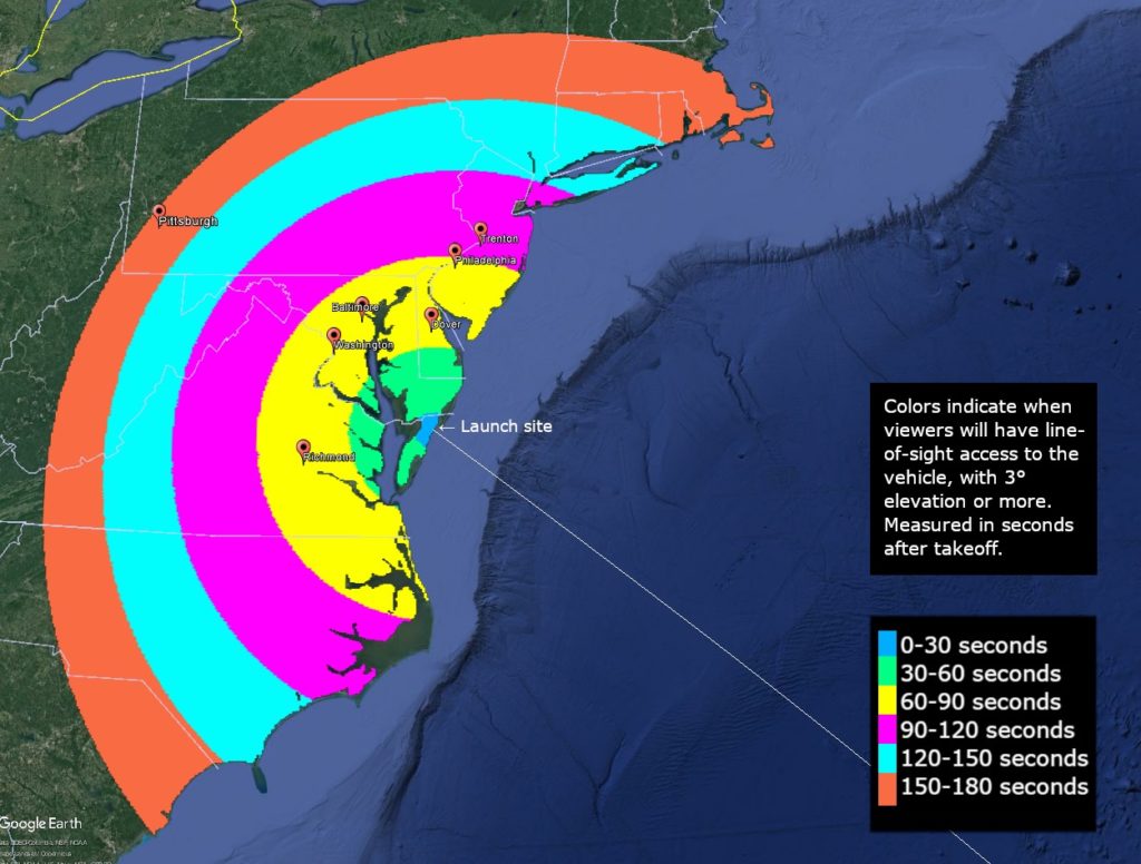 This map shows where the upcoming NASA rocket launch could be visible from, with each color band reflecting how many seconds after launch the rocket should be visible. The rocket will be traveling south and east high over the Atlantic. Image: NASA Wallops
