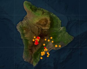 This map shows the location of every earthquake measured on the Big Island of Hawaii over the last 24 hours, with red dots reflecting the epicenters of the most recent earthquakes. Most earthquakes have hit the summit area of Mauna Loa. Image: USGS