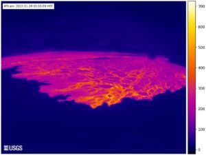 This image is from a temporary thermal camera located on the north rim of Mauna Loa's summit caldera. The temperature scale is in degrees Celsius up to a maximum of 500 degrees (932 degrees Fahrenheit) for this camera model, and scales automatically based on the maximum and minimum temperatures on the caldera floor and not the whole frame, which sometimes results in the rim (bottom of image) looking saturated (white). Thick fume, image pixel size and other factors often result in image temperatures being lower than actual surface temperatures. Thermal webcams record in Centigrade. Image: USGS