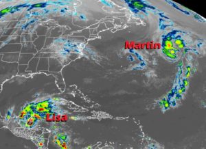 Lisa, left, and Martin, right, are two hurricanes in the Atlantic Hurricane Basin right now. Image: NOAA