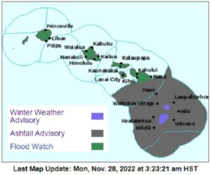 Current advisories issued by the National Weather Service for Hawaii show Flood Watches, Winter Weather Advisories, and Ashfall Advisories up for portions of the state. Image: NWS