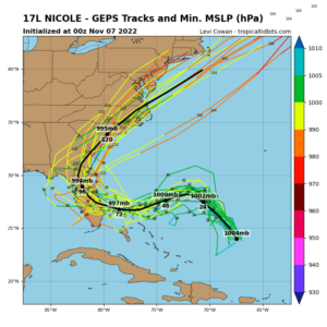 Hurricane Nicole could take one of many paths suggested by forecast models this week, impacting areas across the U.S. East Coast possibly from Florida to Maine. Image: tropicaltidbits.com