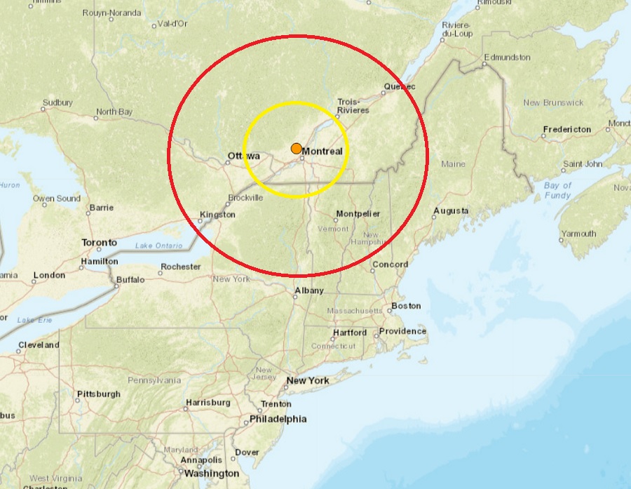 The epicenter of the earthquake struck just north of Montreal on the dot inside the colored concentric circles. Image: USGS