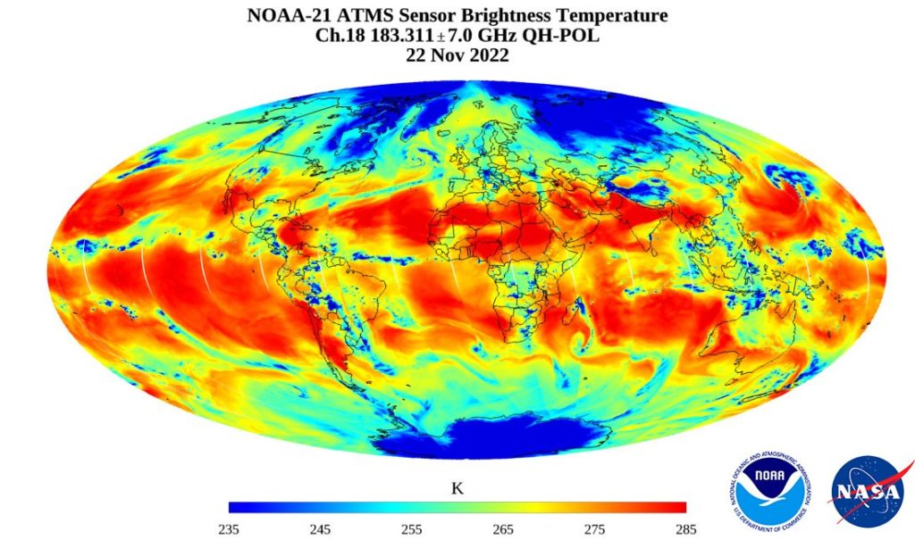 This first image released by NOAA is from the new NOAA-21 satellite; it shows water vapor across the globe. Image: NOAA