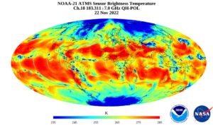 This first image released by NOAA is from the new NOAA-21 satellite; it shows water vapor across the globe. Image: NOAA
