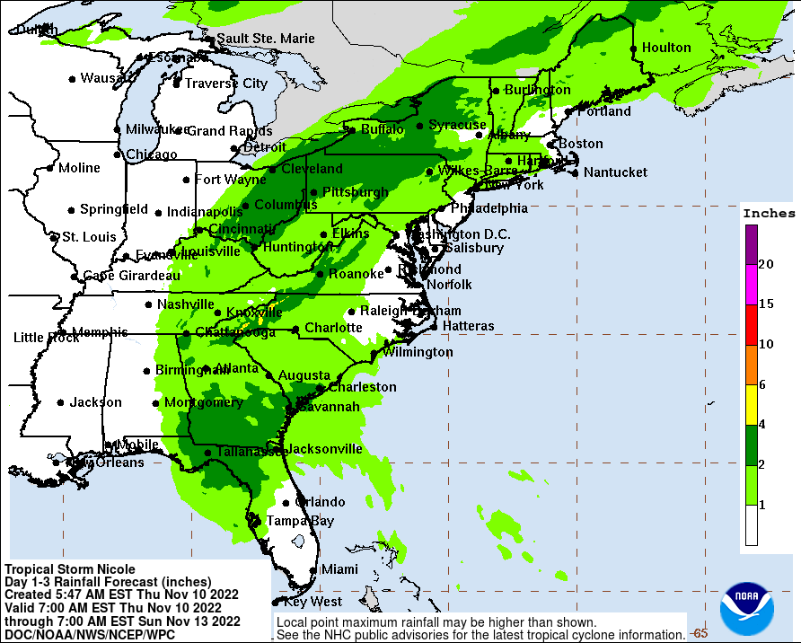 Heavy rains will fall across a large part of the eastern United States, with heavier totals expected far inland versus the coast in the northeast. Image: NHC/NWS