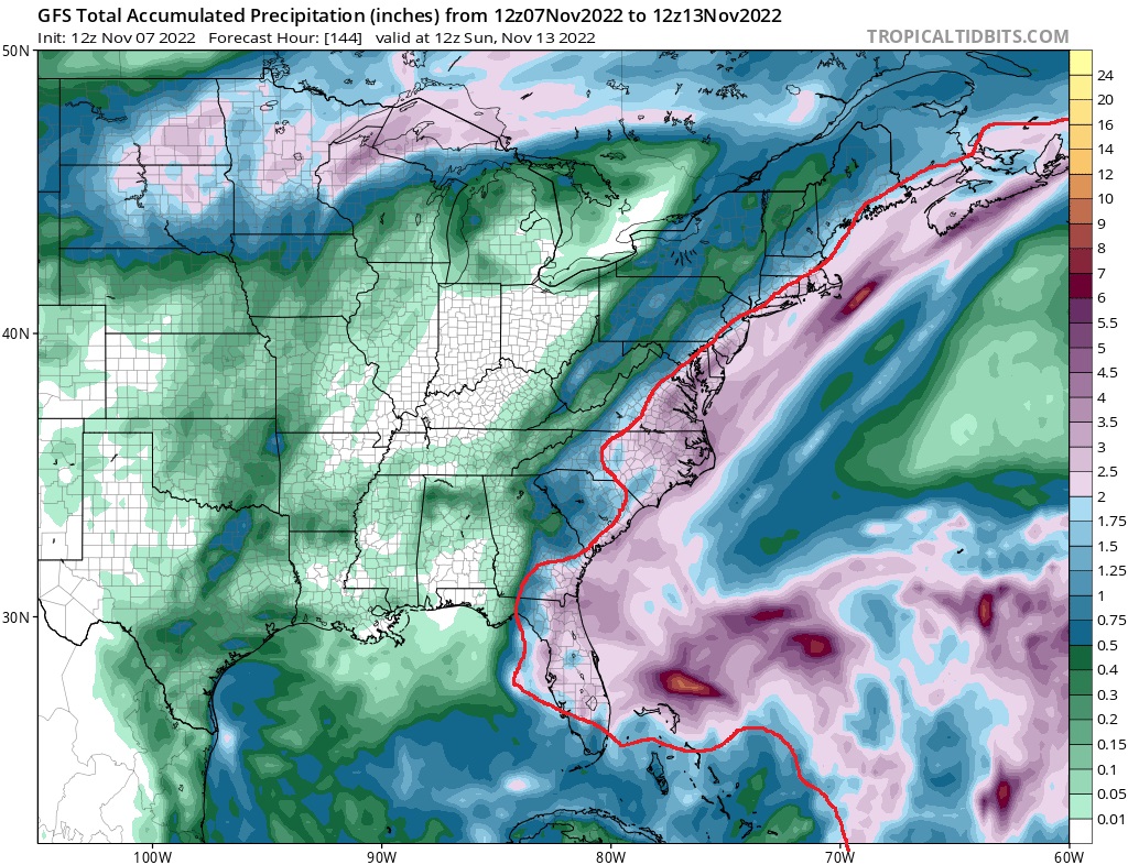 Nicole could bring very heavy rain to Florida and much of the I-95 corridor north to Boston over the next several days. Areas to the right of the red line could see more than 3" of rain over a very short period, which could create flood issues. Image: tropicaltidbits.com