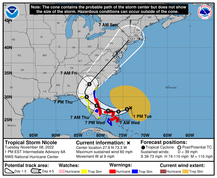 Latest forecast track and warnings for Nicole from the National Hurricane Center. Image: NHC