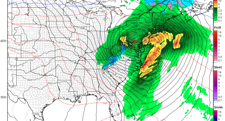 This ia a rendering based on the latest run of the American GFS forecast model for Friday; it shows a potent low pressure system dumping very heavy rain over the northeast on Friday. Image: tropicaltidbits.com