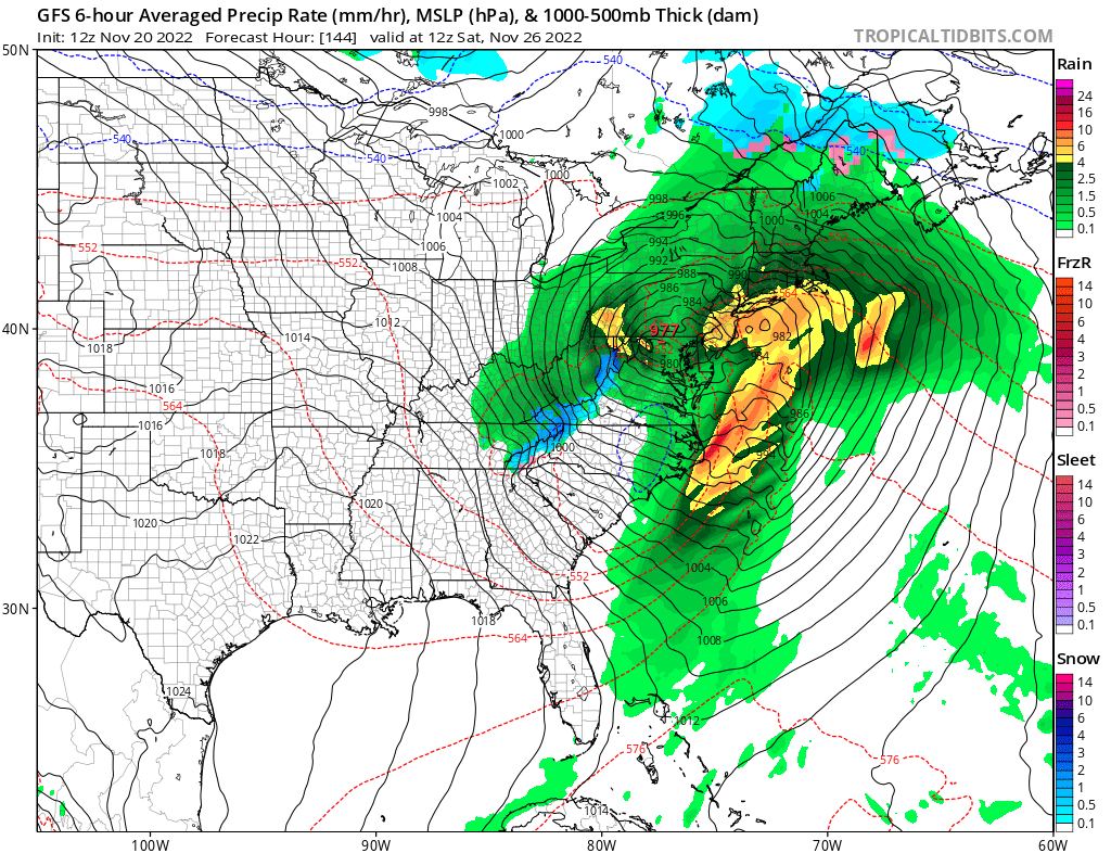 This ia a rendering based on the latest run of the American GFS forecast model for Friday; it shows a potent low pressure system dumping very heavy rain over the northeast on Friday. Image: tropicaltidbits.com