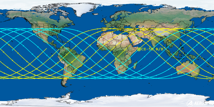 Each line shows where the out-of-control rocket may tumble back to Earth on its final orbits around the globe in the coming days. Image: Aerospace Corporation
