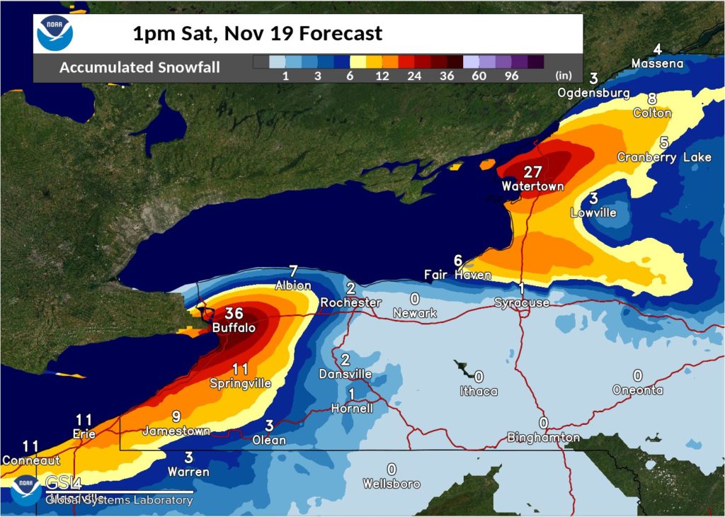 Lake Effect Snow Warnings are in effect; the National Weather Service is warning 1-3' or more of snow is possible near Buffalo and Watertown in Upstate New York. Image: NWS