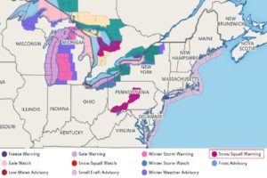 Snow Squall Warnings are up in Pennsylvania in the areas shaded purple there. Image: weatherboy.com