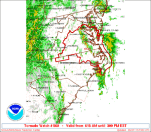 As of the publication of this report, a Tornado Watch was in effect for the area outlined in red. Image: SPC