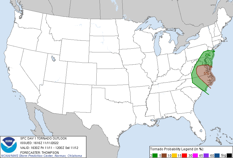 The latest Tornado Outlook from the National Weather Service's Storm Prediction Center shows an elevated risk of tornadic cells from New Jersey south to South Carolina today. Image: SPC