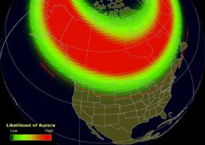 The forecast geomagnetic storm could make for a bright display of aurora or Norther Lights and have them display more south than they usually are. Image: NOAA SWPC