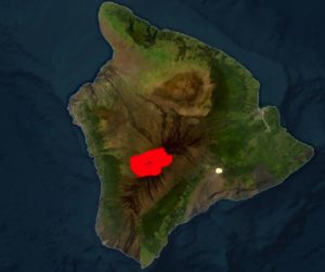 An earth-observing satellite system designed to detect wildfires is showing the large heat signature coming off of Mauna Loa volcano in red, with the much smaller eruption at nearby Kilauea showing up in yellow. Image: NASA FIRMS