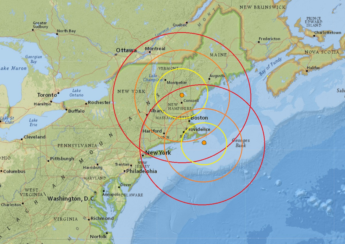 Earthquakes struck at the orange dots within the concentric circles drawn on this map of the northeast today.  Image: USGS