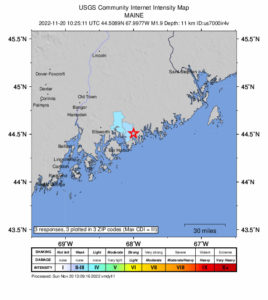 A tremor was felt around the epicenter in Maine today.  Image: USGS