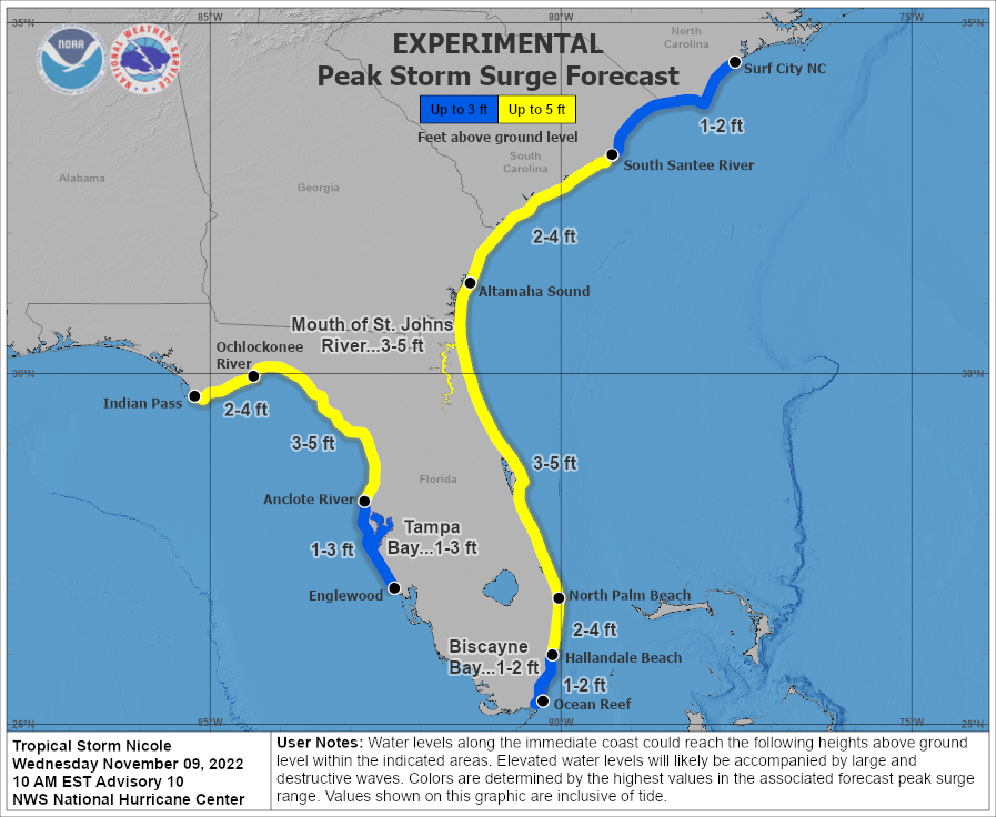 A significant storm surge is expected over a very wide area from Nicole. Image: NHC
