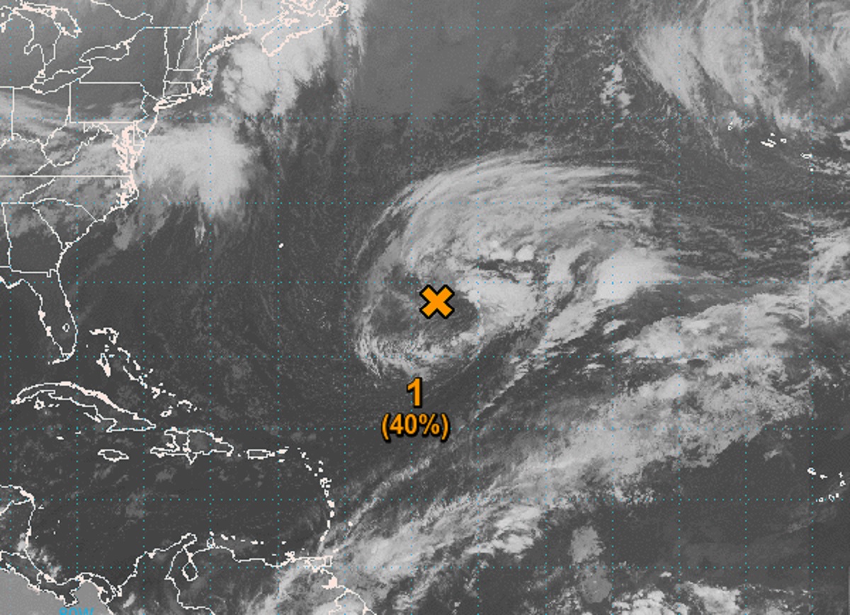 Odds lower: the National Hurricane Center now says there's only a 40% chance that the system spinning in the Atlantic will become a tropical or subtropical storm this week. Image: NHC