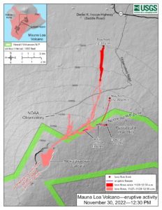 Latest lava flow map published by HVO / USGS of the ongoing Mauna Loa Volcanic Eruption. Image: USGS