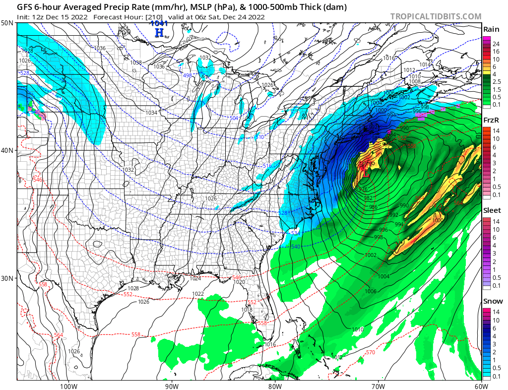 This afternoon's model run of the American GFS computer forecast model continues to show an east coast snowstorm taking shape for Christmas Eve. Image: tropicaltidbits.com