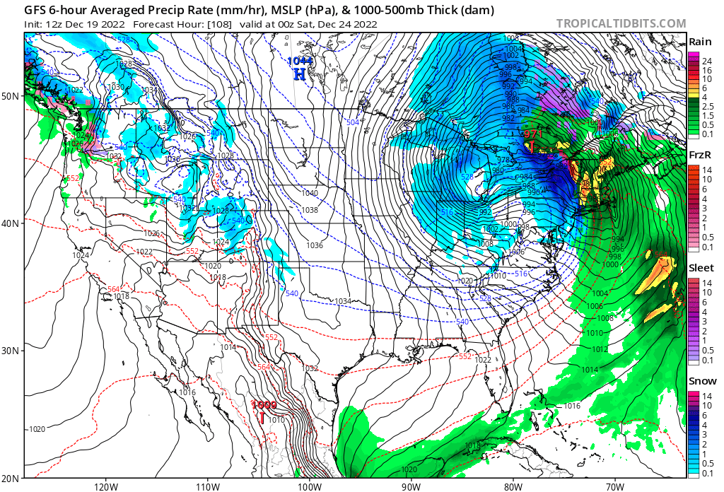 This afternoon's run of the American GFS computer forecast model paints an ominous picture with an area of intense low pressure "bombing-out" over the Great Lakes and Northeast on Christmas Eve. Image: tropicaltidbits.com