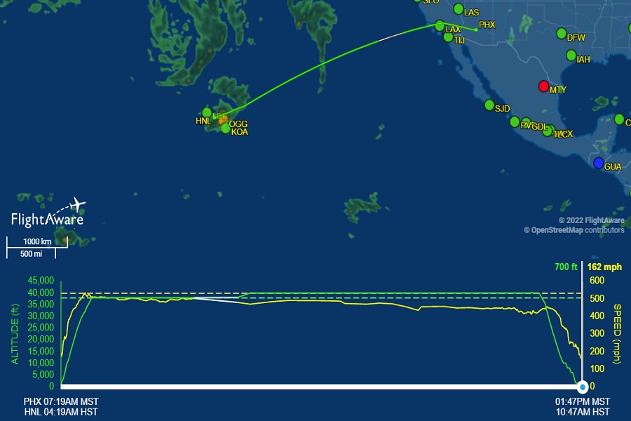 Flight tracking website FlightAware shows the route the aircraft took as well as the rough decent into Oahu through a line of thunderstorms impacting the state. Image: FlightAware