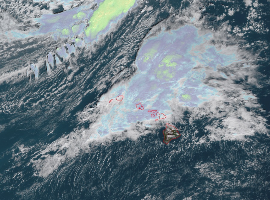 Latest satellite view from GOES-West shows a potent storm swinging into and across Hawaii. Image NOAA