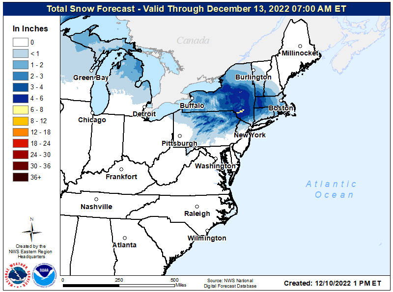 Snowfall should generally be light tomorrow across portions of the northeast. Image: NWS