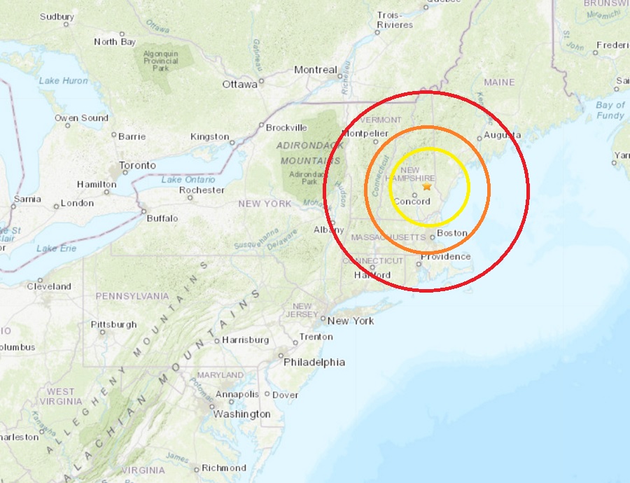 The morning earthquake struck New Hampshire at the star inside the concentric colored circles on this map. Image: USGS