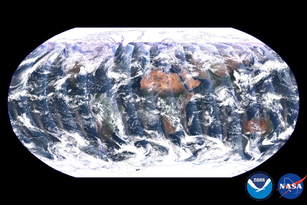 Unlike geostationary satellites, polar-orbiting satellites capture swaths of data throughout the full globe, and observe the entire planet twice each day. This global mosaic, captured by the VIIRS instrument on the recently launched NOAA-21 satellite, is a composite image created from these swaths over a period of 24 hours between Dec. 5 and Dec. 6, 2022. Credit: NOAA STAR VIIRS SDR team.