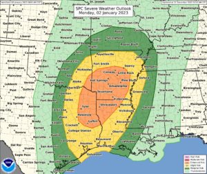 There is an enhanced risk of severe weather on Monday across portions of Texas, Arkansas, and Louisiana; there is also a broader region beyond that where severe weather is possible too. Image: NWS SPC