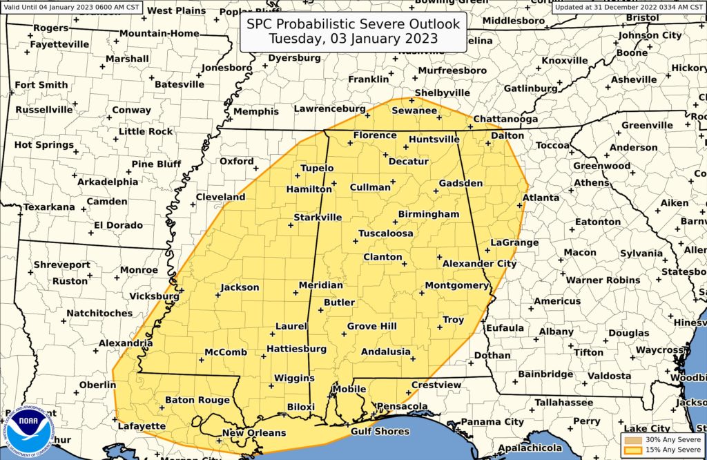 On Tuesday, the threat of severe weather will shift east into the yellow shaded region.  Image: NWS SPC