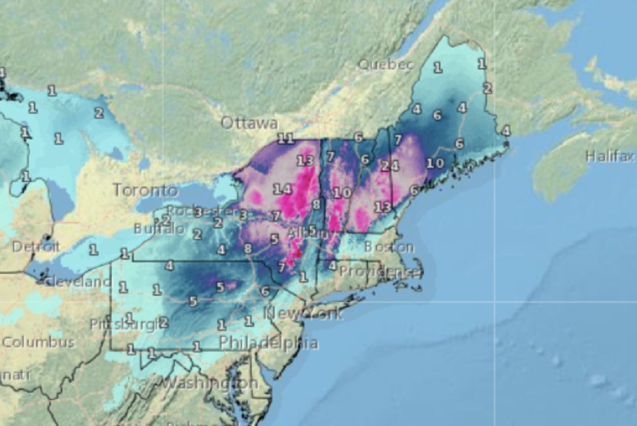 Snow will be heaviest over interior New England from this storm, well north and west of the I-95 corridor. Image: NWS