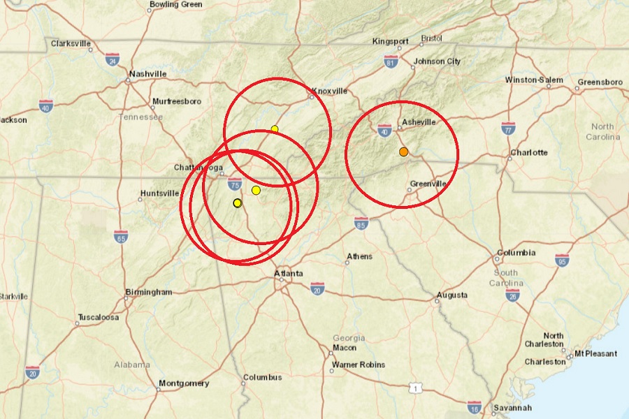 Seven earthquakes have struck this region over the last 7 days, with many of the Georgia quakes practically in the same location. The epicenter of each earthquake is the orange dot which is surrounded by a red circle. Image: USGS