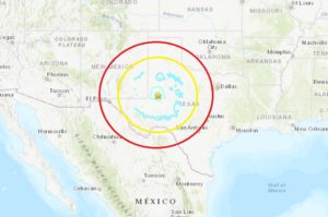 The earthquake's epicenter was at the star inside the colored rings in west-central Texas today. Image: USGS