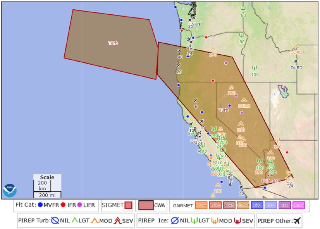 The shaded boxes represent areas that the National Weather Service is warning about severe turbulence. Image: NWS AWC