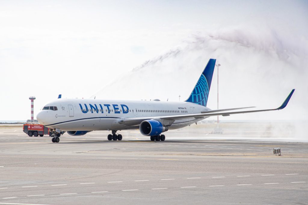 A United 767-300, like this one photographed on an inaugural Newark-Nice, France flight, encountered severe turbulence near Cancun, Mexico on Monday. Image: United